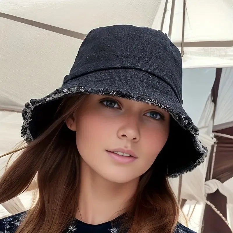 Durable Unisex Denim Bucket Hat - Frayed Brim, Cotton Basin, Foldable, Casual Fisherman Cap Style for Women and Men, Trendy