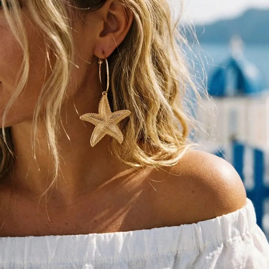 Bohemia Gold Color Starfish Hoop Earring for Women Vintage Exaggerate Metal Big Starfish Earring Beach Party Daily Wear Jewelry