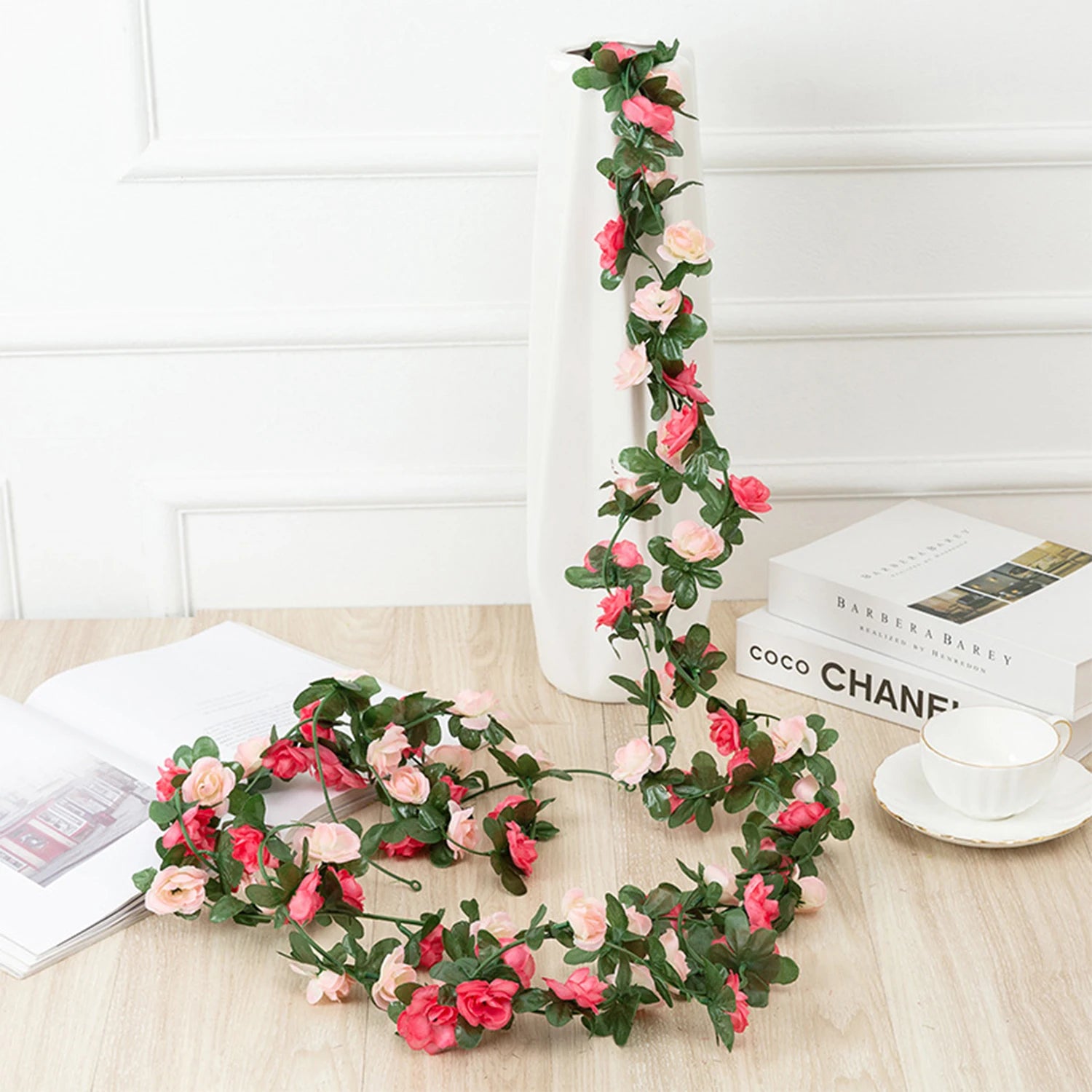 8.2ft Red Rose Artificial Silk Flower Garland Wedding Decor Fake Flowers for Home Room Decoration Autumn Fake Vine Plant Rattan