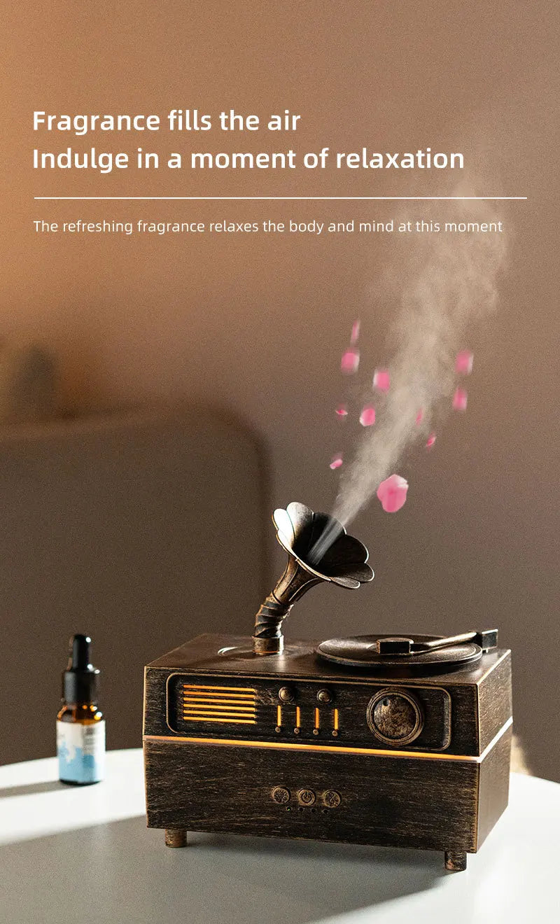 The Noir Phonograph — Bluetooth Aroma Diffuser with RGB Mood Light | Retro Gramophone Humidifier for Home & Office Desk