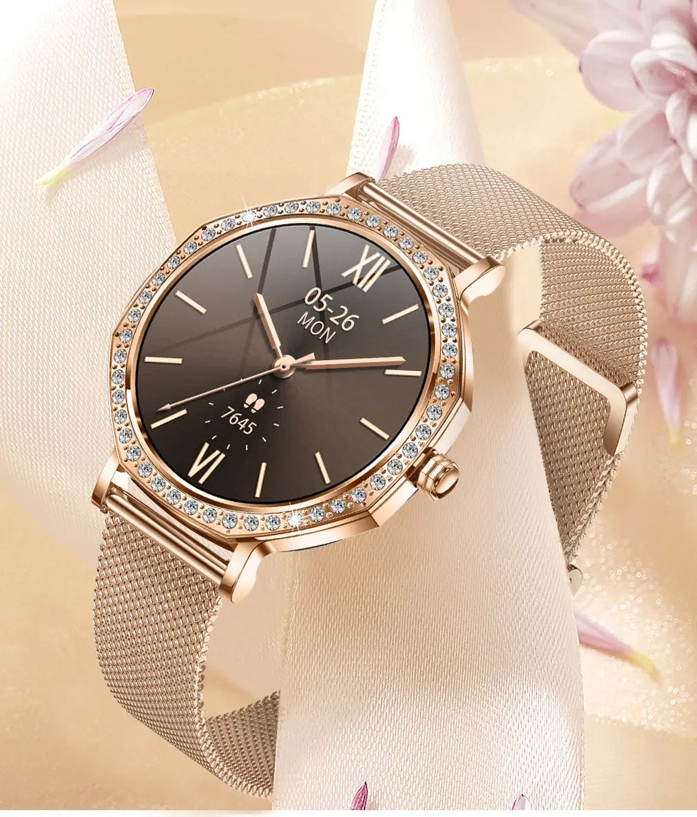 Gleelush AI Diamond Crown Watch – Luxury Gold Smartwatch for Women with AMOLED & Bluetooth Calling