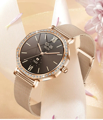 Gleelush AI Diamond Crown Watch – Luxury Gold Smartwatch for Women with AMOLED & Bluetooth Calling