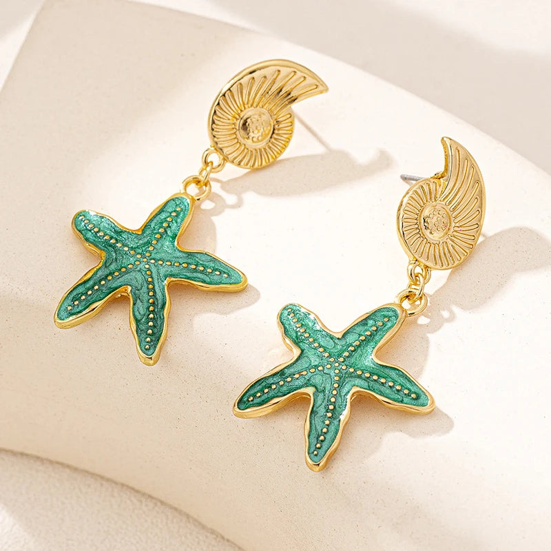 Vintage Asymmetrical Starfish Shell Pendant Earrings For Women Bohemian Irregular Stone Dripping Oil Metal Earring Beach Jewelry