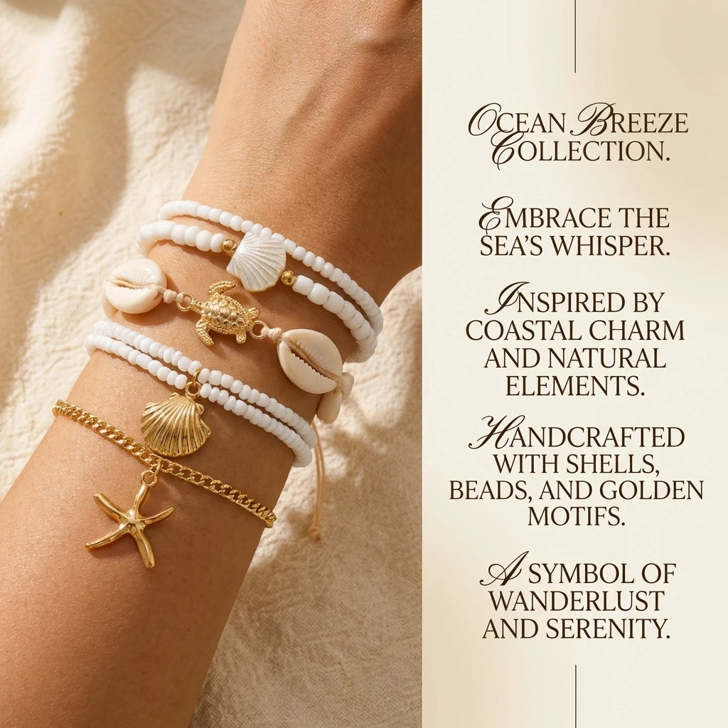 Fashion Starfish Shell Beaded Bracelet Set for Women Boho Imitation Pearl Sea Turtle Charm Elastic Bracelet Summer Jewelry Gift