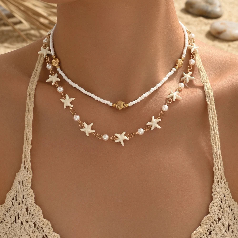 Boho 2 Layered Starfish Seashell Pearl Beaded Choker Necklace for Women Summer Beach Festival Vacation Daily Wear Gift