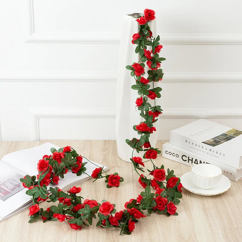 8.2ft Red Rose Artificial Silk Flower Garland Wedding Decor Fake Flowers for Home Room Decoration Autumn Fake Vine Plant Rattan