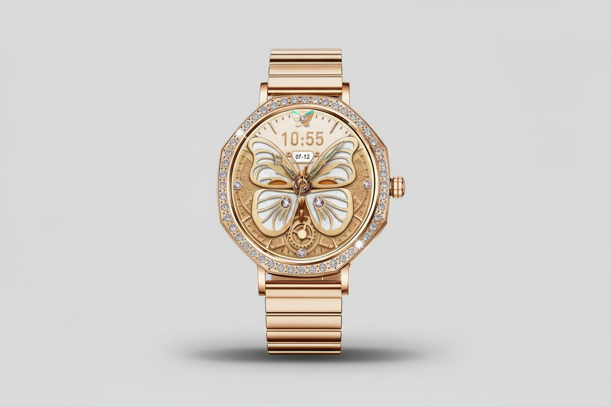 Gleelush AI Diamond Crown Watch – Luxury Gold Smartwatch for Women with AMOLED & Bluetooth Calling