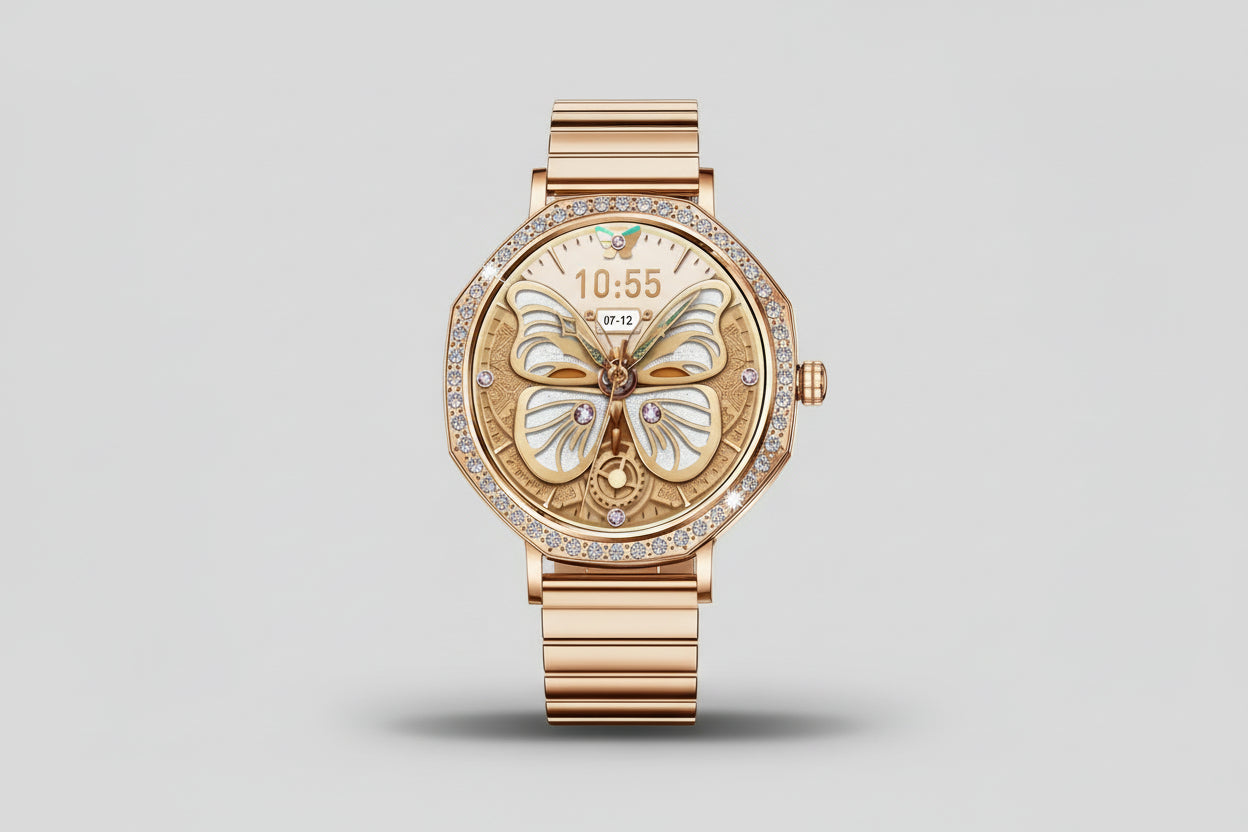 Gleelush AI Diamond Crown Watch – Luxury Gold Smartwatch for Women with AMOLED & Bluetooth Calling