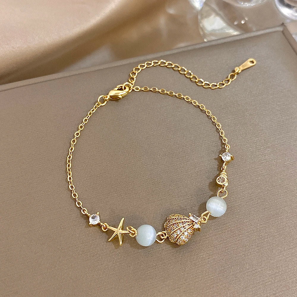 New Stainless Steel Starfish Scallop Conch Charm Bracelet for Women Trend Crystal Bead Bracelet Summer Beach Jewelry Accessories