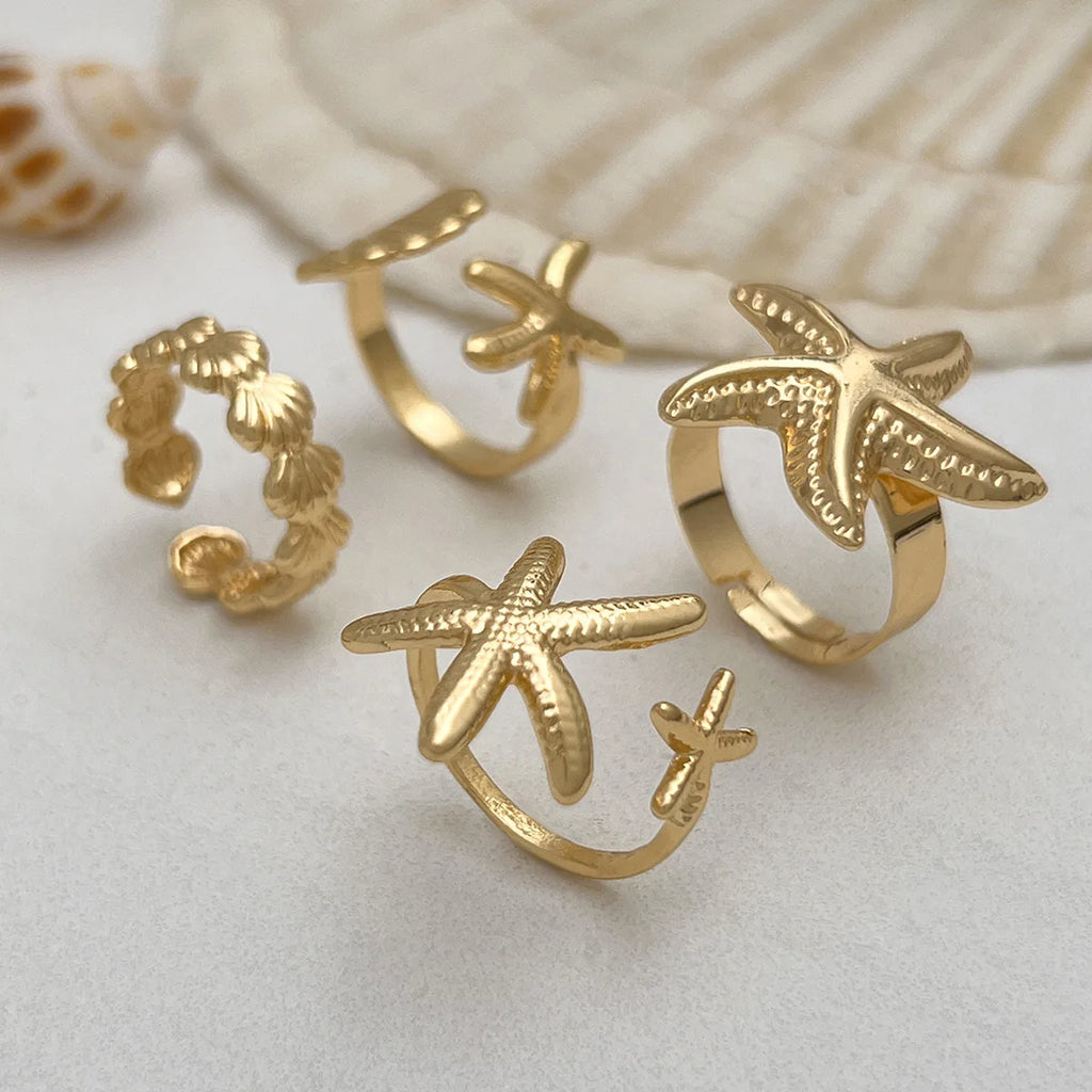 LATS 4Pcs/Set Starfish Scallop Adjustable Open Rings for Women Summer Trendy Geometric Gold Color Beach Jewelry Accessory
