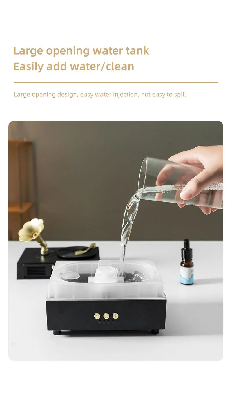 The Noir Phonograph — Bluetooth Aroma Diffuser with RGB Mood Light | Retro Gramophone Humidifier for Home & Office Desk