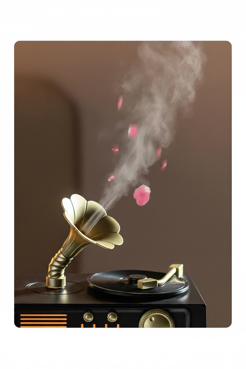 The Noir Phonograph — Bluetooth Aroma Diffuser with RGB Mood Light | Retro Gramophone Humidifier for Home & Office Desk