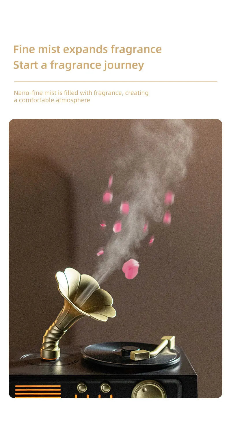 The Noir Phonograph — Bluetooth Aroma Diffuser with RGB Mood Light | Retro Gramophone Humidifier for Home & Office Desk