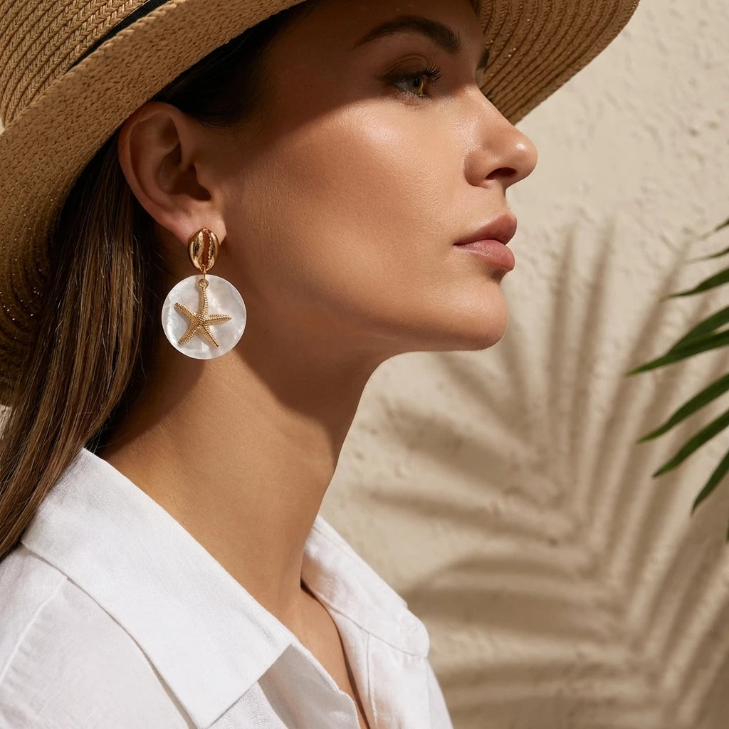 Boho Tropical Gold Color Starfish Earrings for Women Cowrie Shell Imitation Pearl Drop Ocean Animal Dangle Summer Beach Jewelry