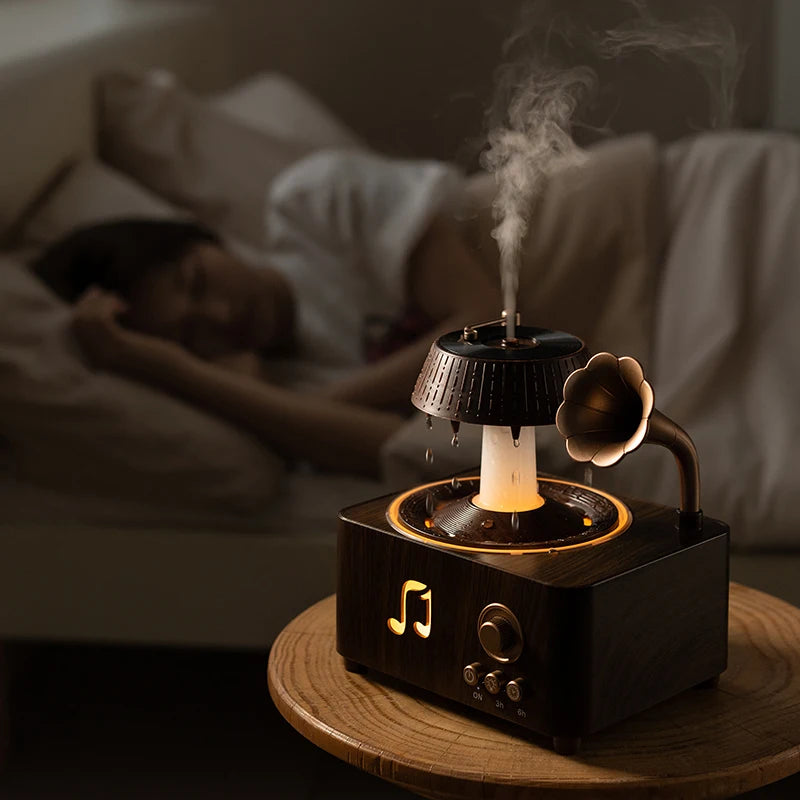 The Sanctuary Diffuser — Rain Drop Aroma Humidifier with Remote Control & 7-Color Lighting | 250ml | Vintage Gramophone Style