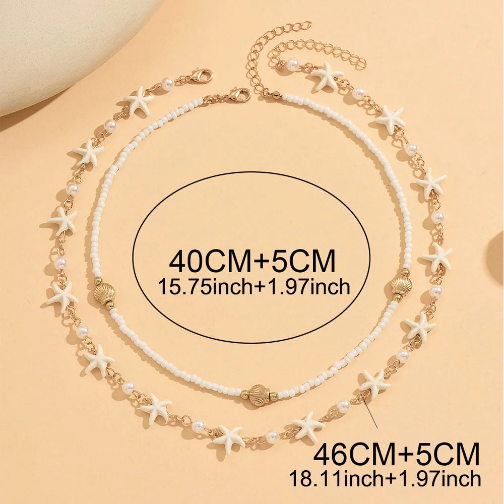 Boho 2 Layered Starfish Seashell Pearl Beaded Choker Necklace for Women Summer Beach Festival Vacation Daily Wear Gift