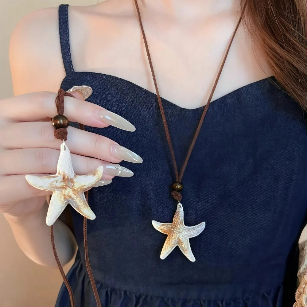Bohemian Retro Starfish Pendant Necklace for Women Summer Ocean Y2K Accessories Shell Conch Long Chain Necklace Jewelry Gifts