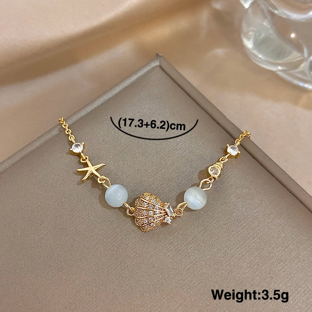 New Stainless Steel Starfish Scallop Conch Charm Bracelet for Women Trend Crystal Bead Bracelet Summer Beach Jewelry Accessories