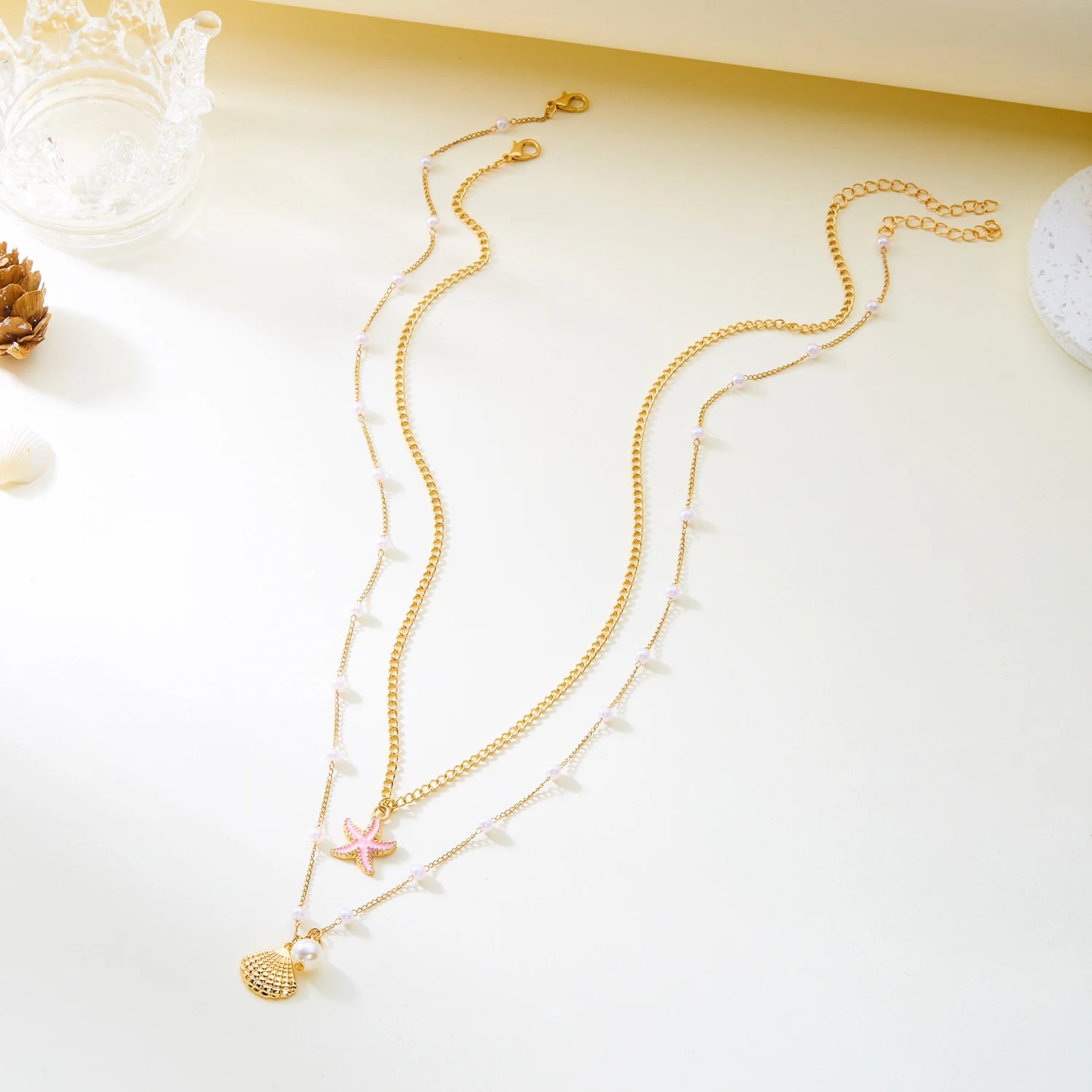 Double Layered Imitation Pearl Starfish Shell Pendant Necklace for Women Ocean Style Summer Beach Jewelry Travel Party Gift