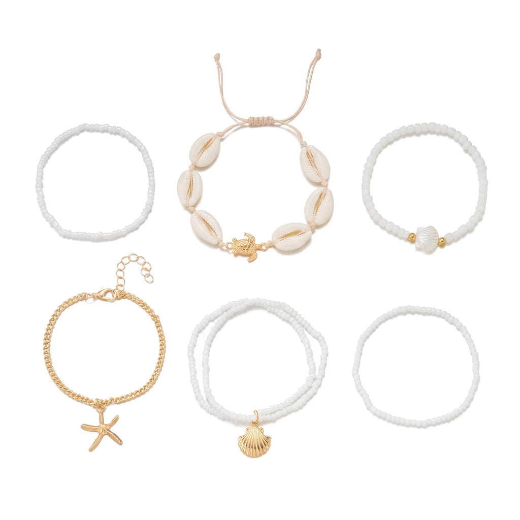 Fashion Starfish Shell Beaded Bracelet Set for Women Boho Imitation Pearl Sea Turtle Charm Elastic Bracelet Summer Jewelry Gift