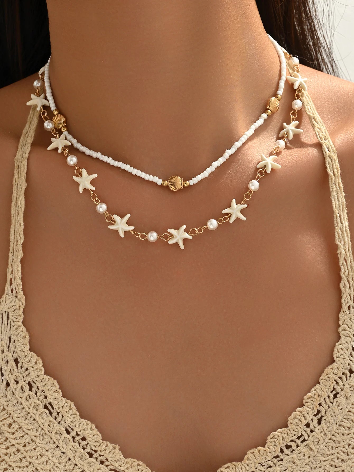 Boho 2 Layered Starfish Seashell Pearl Beaded Choker Necklace for Women Summer Beach Festival Vacation Daily Wear Gift