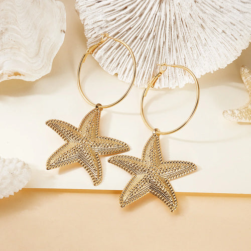 Bohemia Gold Color Starfish Hoop Earring for Women Vintage Exaggerate Metal Big Starfish Earring Beach Party Daily Wear Jewelry