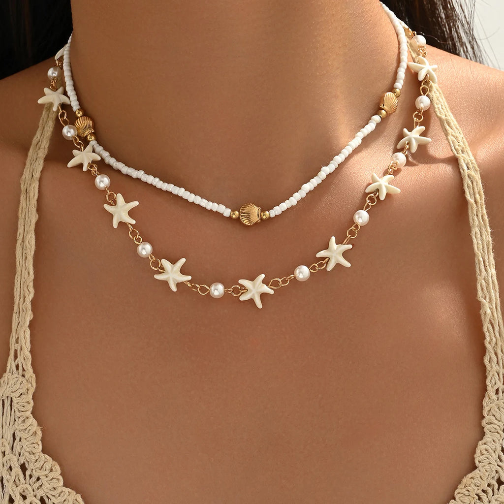 Boho 2 Layered Starfish Seashell Pearl Beaded Choker Necklace for Women Summer Beach Festival Vacation Daily Wear Gift