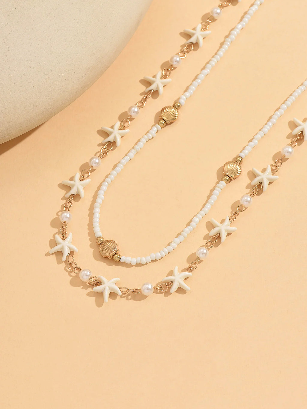 Boho 2 Layered Starfish Seashell Pearl Beaded Choker Necklace for Women Summer Beach Festival Vacation Daily Wear Gift