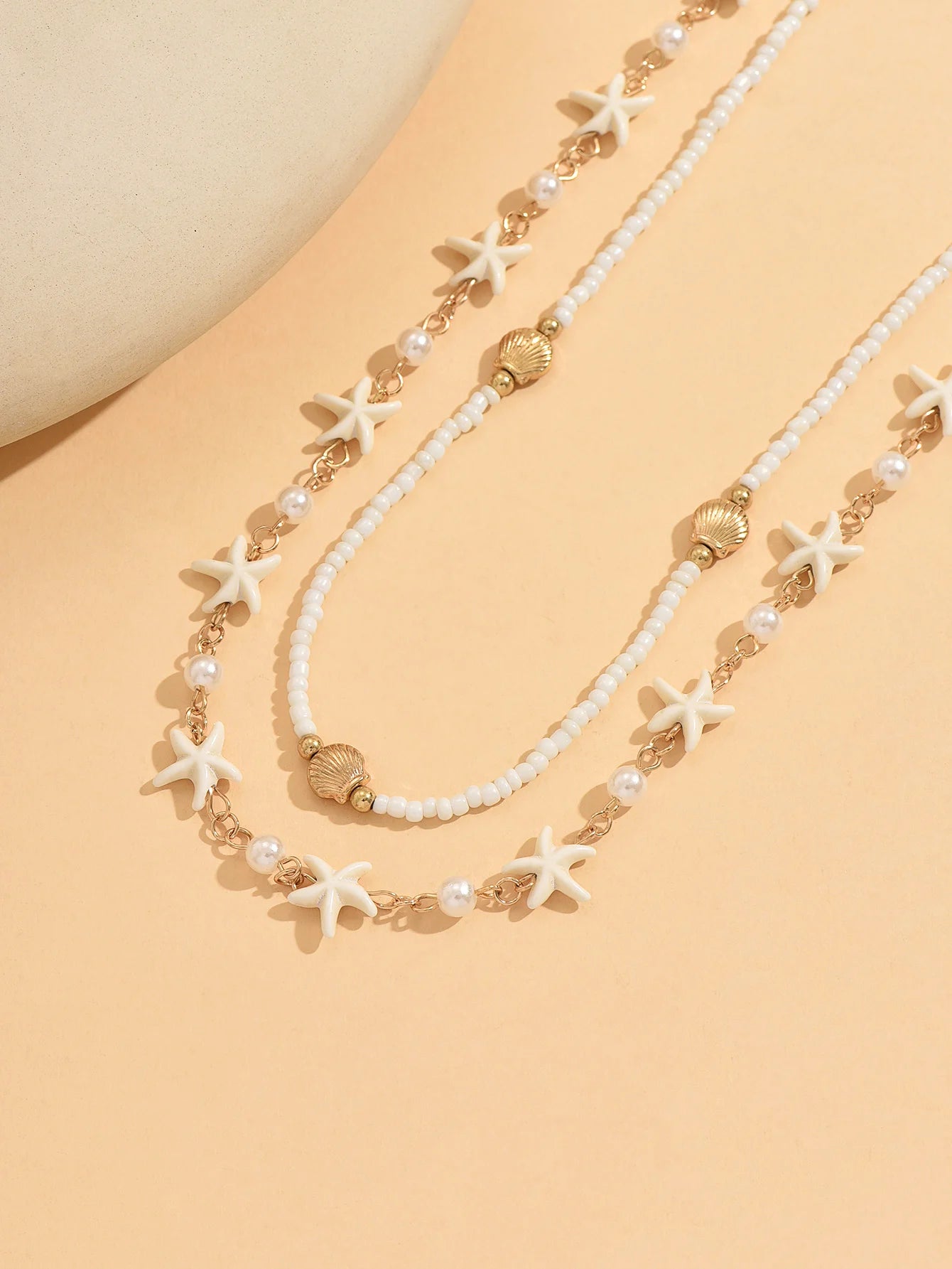 Boho 2 Layered Starfish Seashell Pearl Beaded Choker Necklace for Women Summer Beach Festival Vacation Daily Wear Gift