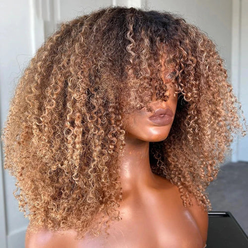 Highlight Brown Afro Kinky Curly Short Bob Human Hair Wigs For Women Brazilian Remy Hair Full Machine Made Glueless Colored Wig