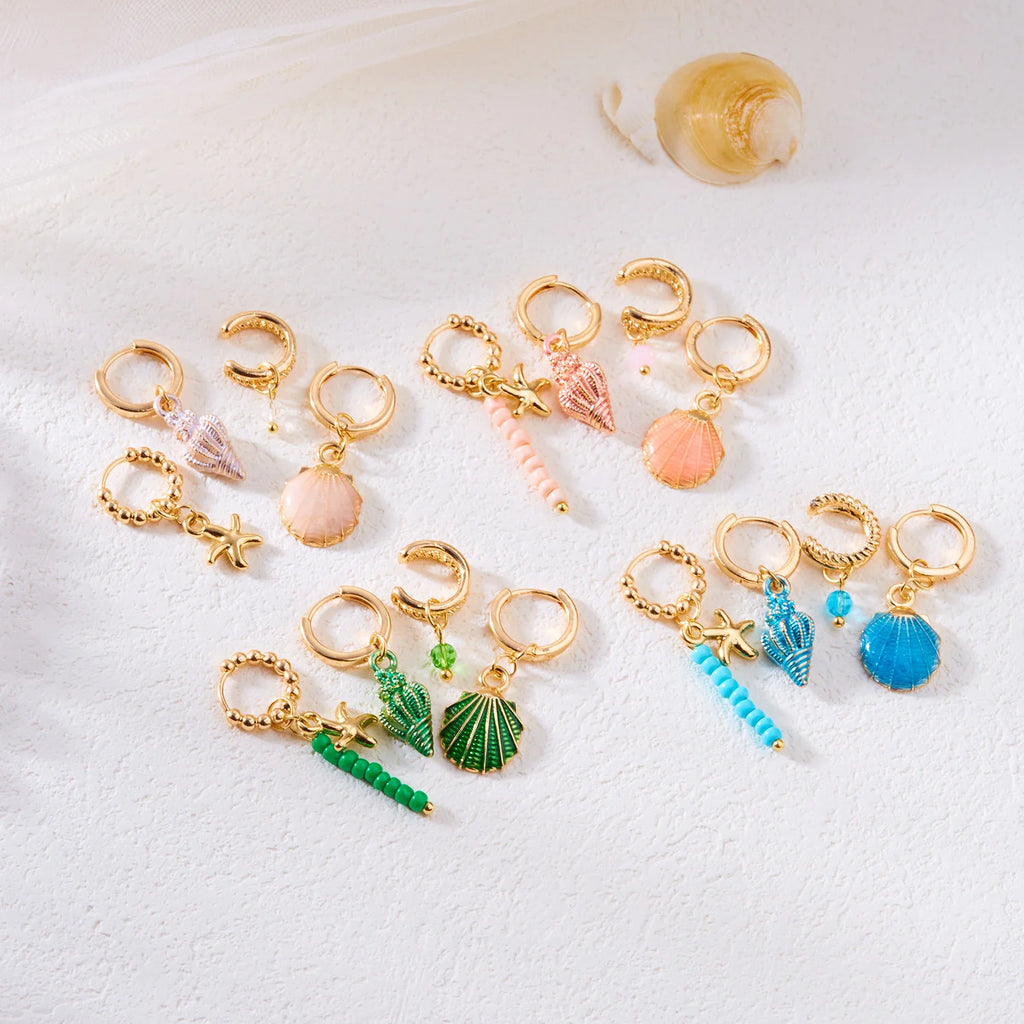 4Pcs Colorful Shell Conch Earrings Set For Women Bohemian Ocean Style Starfish Pendant Beaded Ear Bone Clip Girls Beach Jewelry