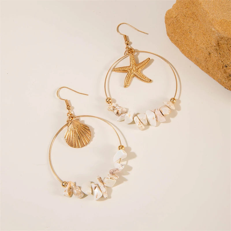 Vintage Asymmetrical Starfish Shell Pendant Earrings For Women Bohemian Irregular Stone Dripping Oil Metal Earring Beach Jewelry
