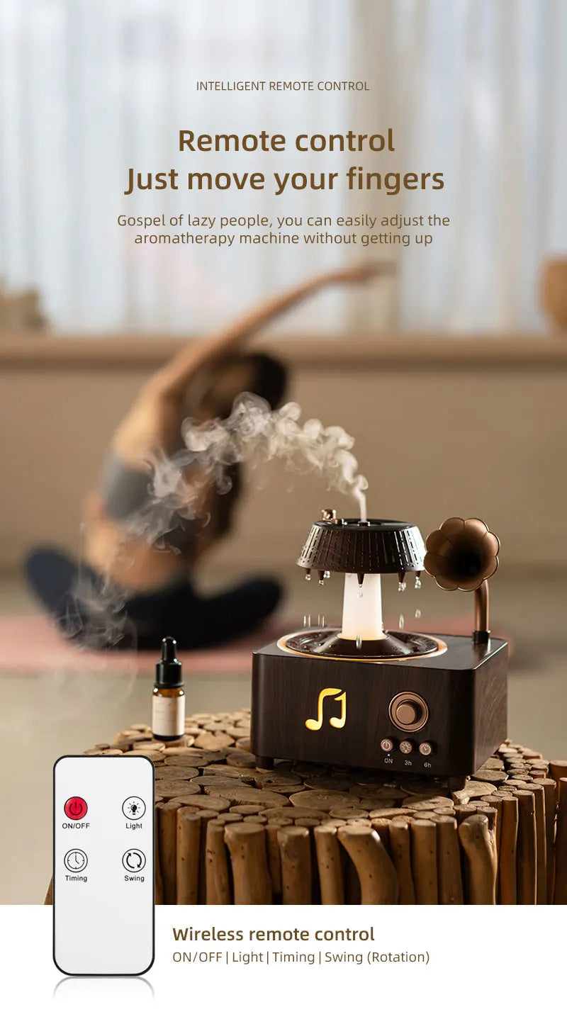 The Sanctuary Diffuser — Rain Drop Aroma Humidifier with Remote Control & 7-Color Lighting | 250ml | Vintage Gramophone Style