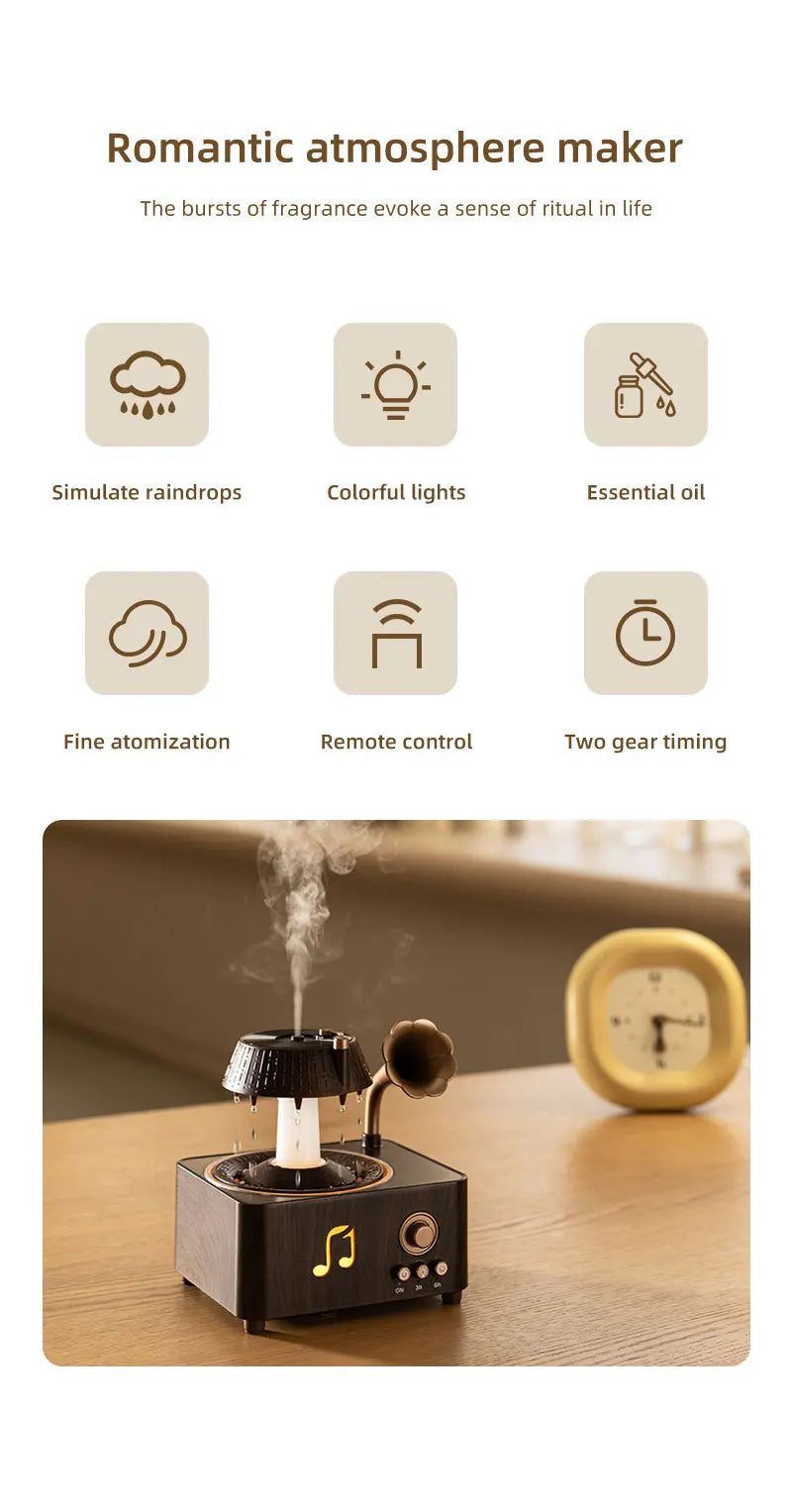 The Sanctuary Diffuser — Rain Drop Aroma Humidifier with Remote Control & 7-Color Lighting | 250ml | Vintage Gramophone Style