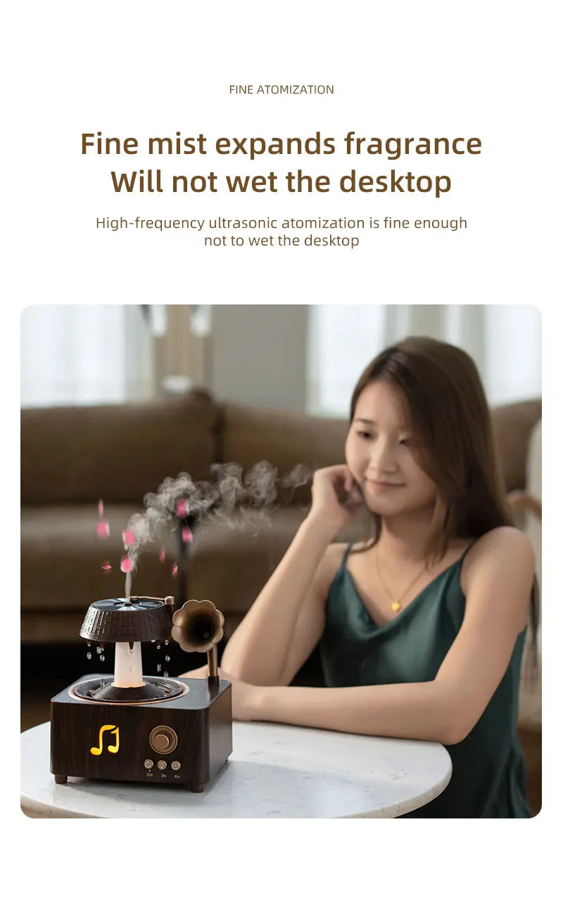 The Sanctuary Diffuser — Rain Drop Aroma Humidifier with Remote Control & 7-Color Lighting | 250ml | Vintage Gramophone Style