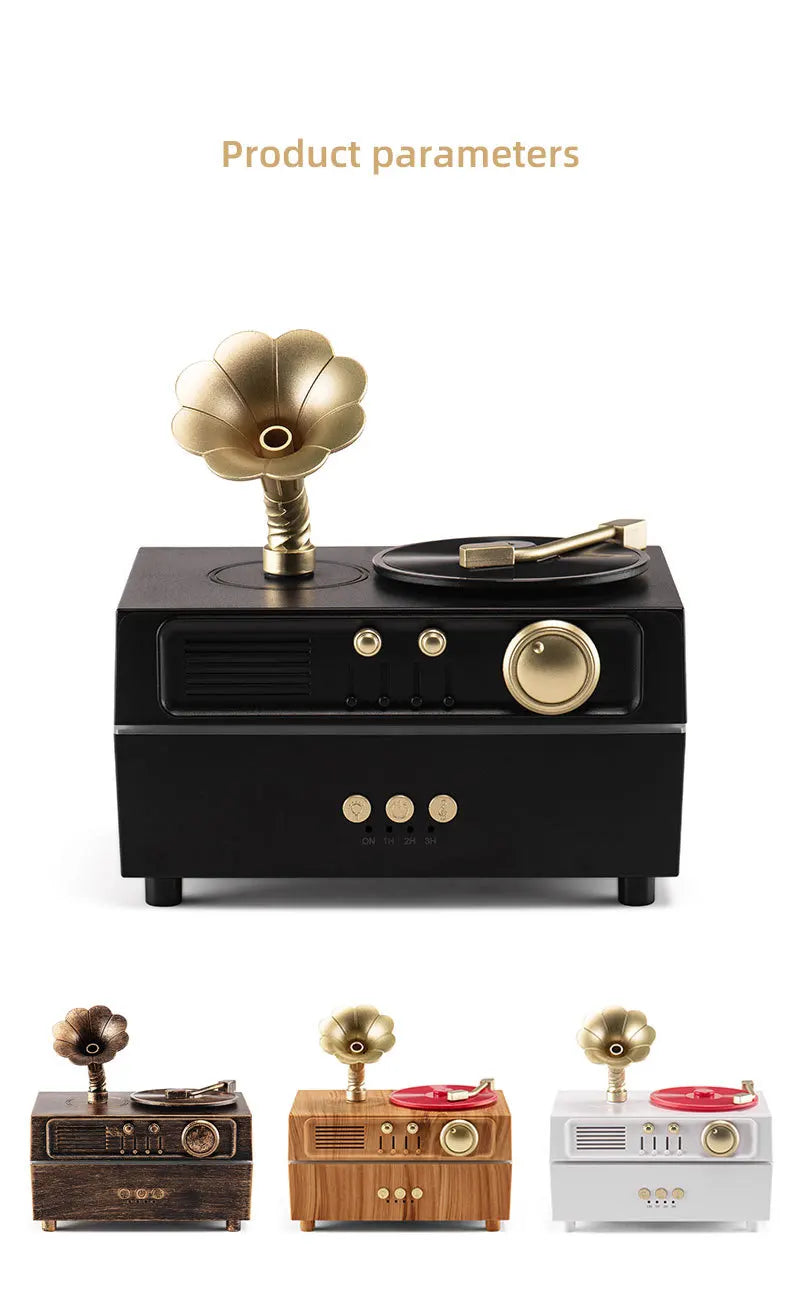 The Noir Phonograph — Bluetooth Aroma Diffuser with RGB Mood Light | Retro Gramophone Humidifier for Home & Office Desk