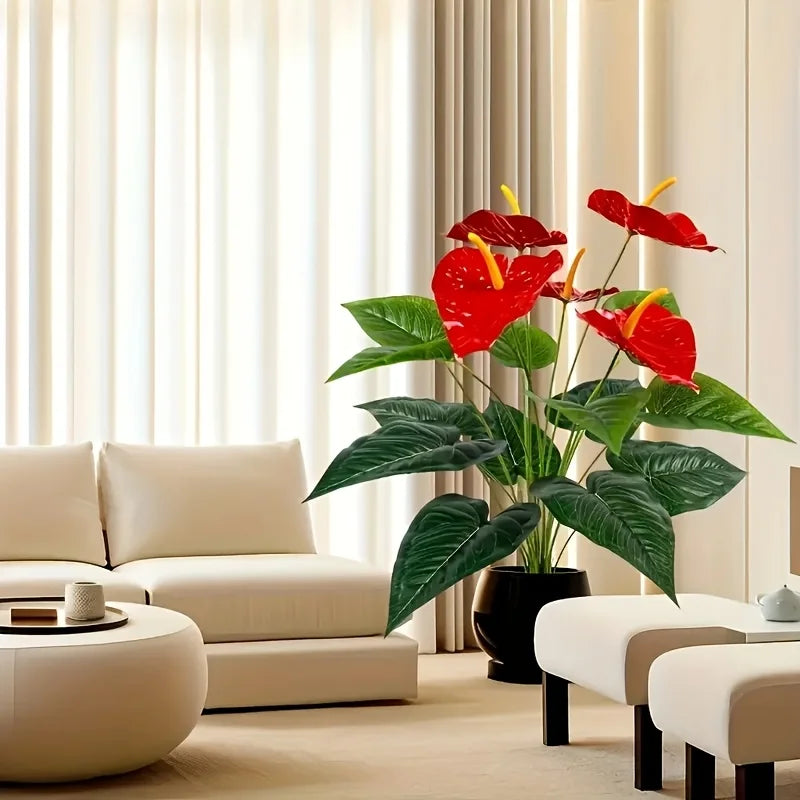 12-Headed Red Palm Artificial Flowers Flamingo Flower with Lush Green Leaves Fake Plants for Room Home Garden Outdoor Decoration