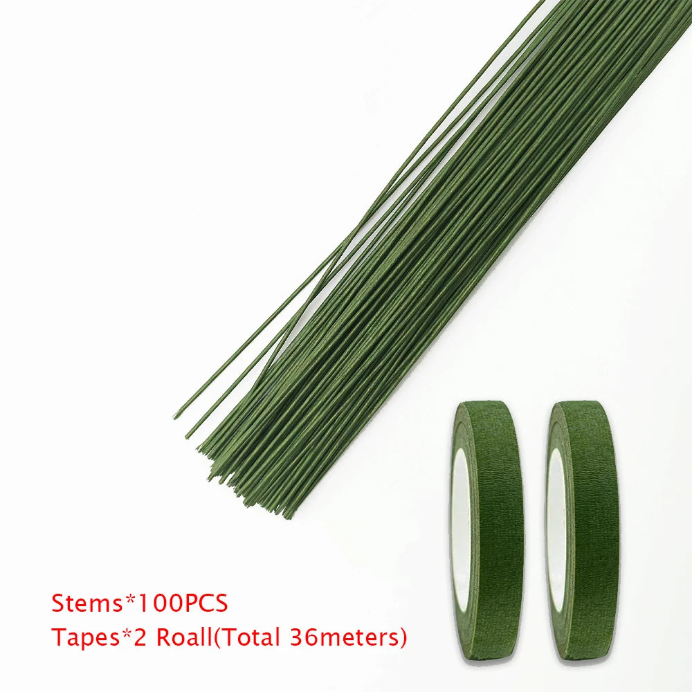 Green Flower Stem Sticks DIY Floral Material Handmade Wire Stems Floriculture Tape Self-adhesive Bouquet Floral Stem Paper Tapes