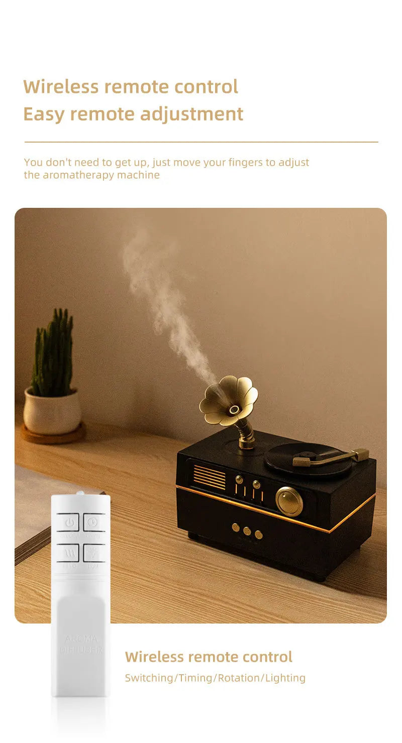 The Noir Phonograph — Bluetooth Aroma Diffuser with RGB Mood Light | Retro Gramophone Humidifier for Home & Office Desk