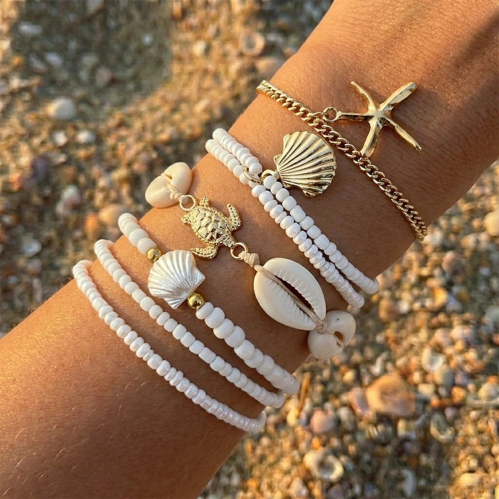 Fashion Starfish Shell Beaded Bracelet Set for Women Boho Imitation Pearl Sea Turtle Charm Elastic Bracelet Summer Jewelry Gift