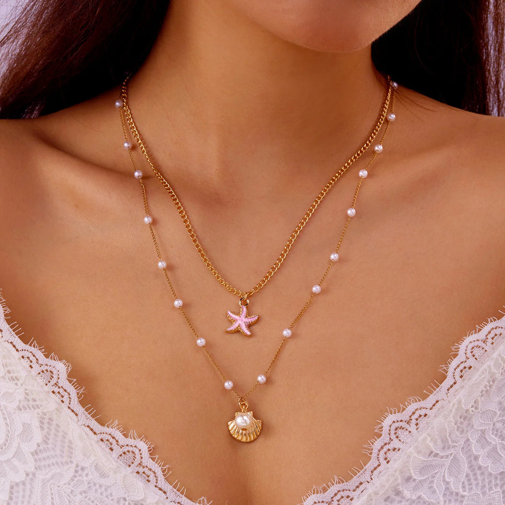 Double Layered Imitation Pearl Starfish Shell Pendant Necklace for Women Ocean Style Summer Beach Jewelry Travel Party Gift