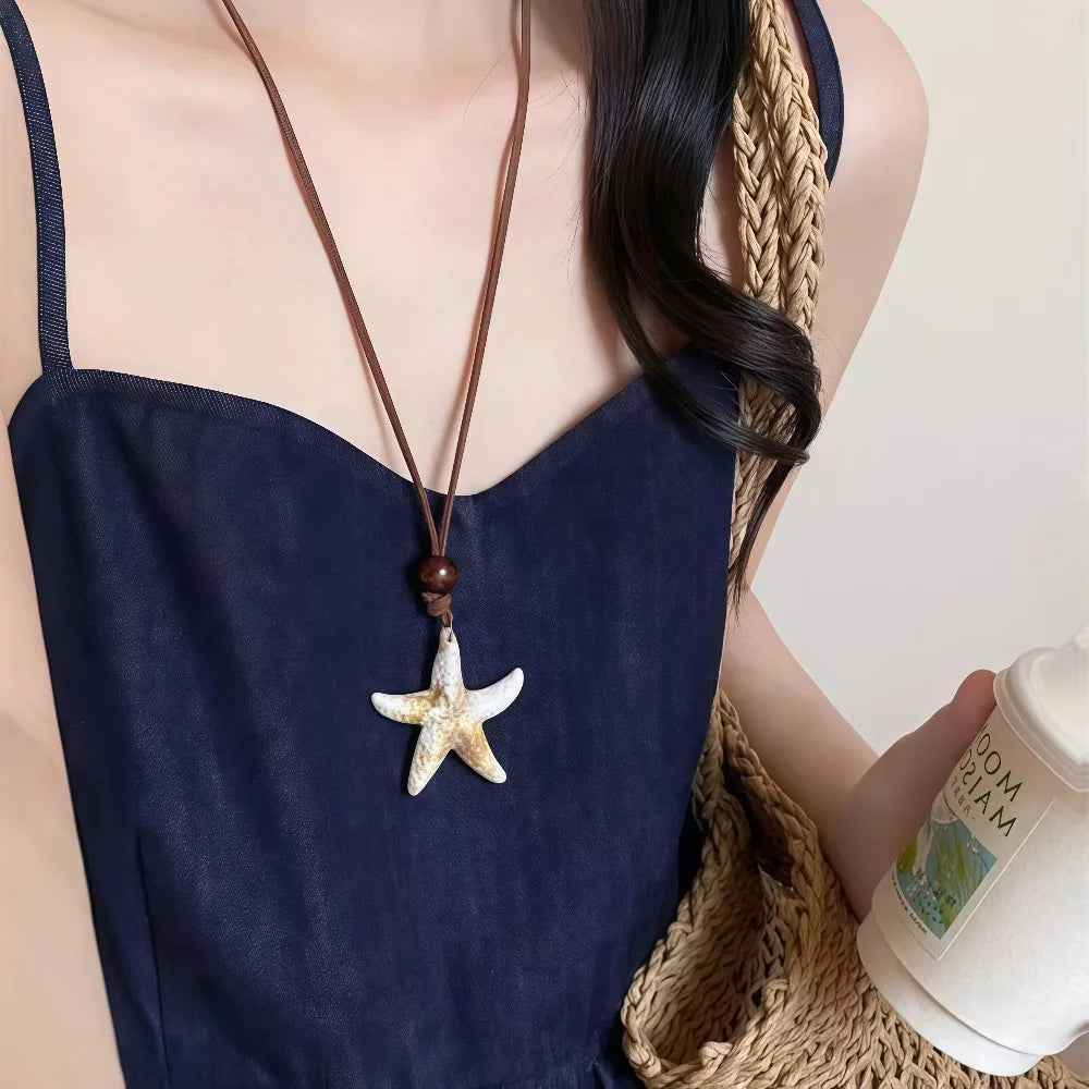 Bohemian Retro Starfish Pendant Necklace for Women Summer Ocean Y2K Accessories Shell Conch Long Chain Necklace Jewelry Gifts