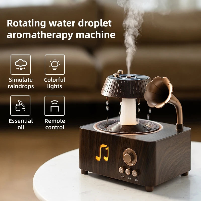 The Sanctuary Diffuser — Rain Drop Aroma Humidifier with Remote Control & 7-Color Lighting | 250ml | Vintage Gramophone Style