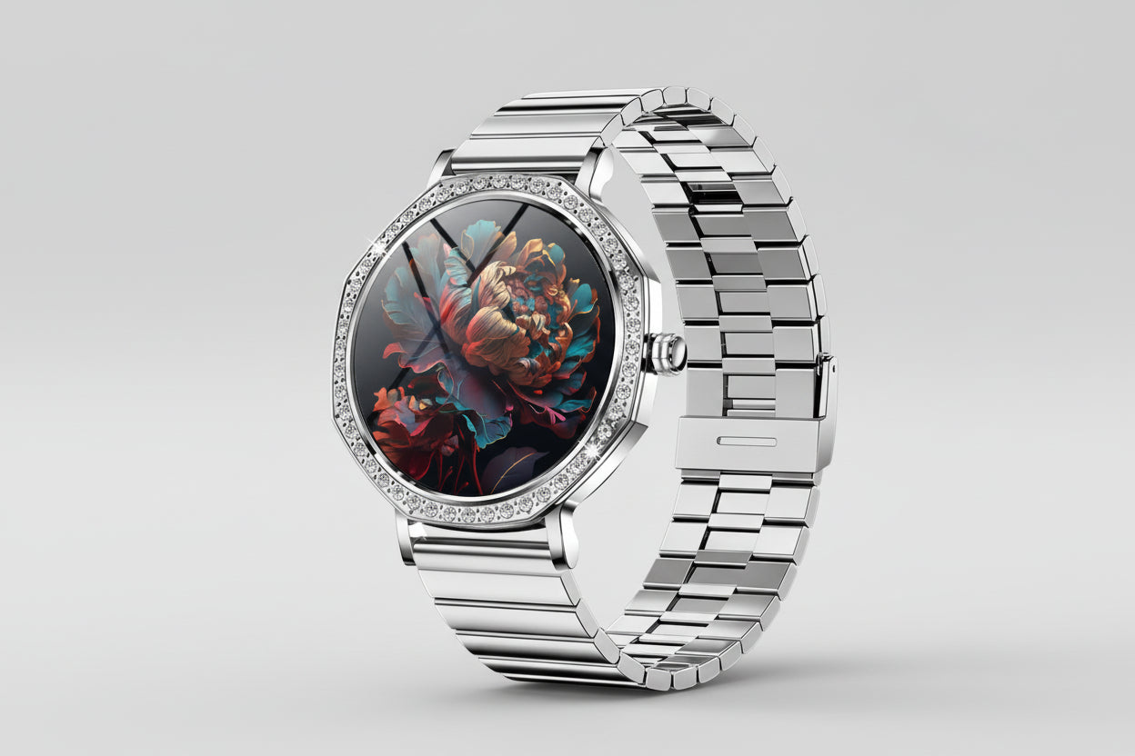 Gleelush AI Diamond Crown Watch – Luxury Gold Smartwatch for Women with AMOLED & Bluetooth Calling