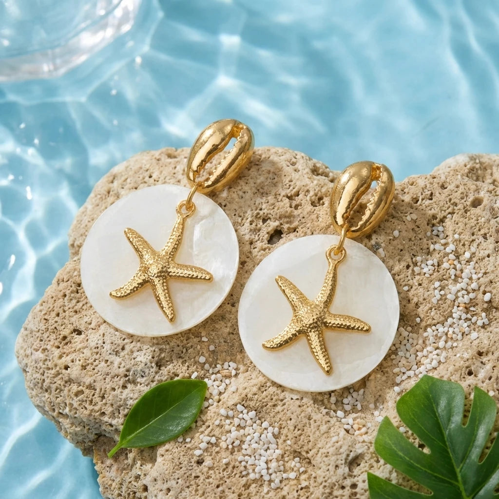 Boho Tropical Gold Color Starfish Earrings for Women Cowrie Shell Imitation Pearl Drop Ocean Animal Dangle Summer Beach Jewelry