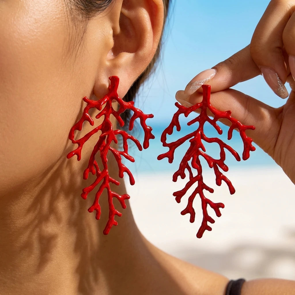 Boho Gold Color Coral Branch Earrings for Women Elegant 3D Textured Red Accents Dangle Earrings Summer Artistic Jewelry Gift