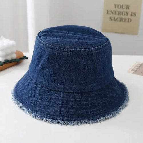 Durable Unisex Denim Bucket Hat - Frayed Brim, Cotton Basin, Foldable, Casual Fisherman Cap Style for Women and Men, Trendy