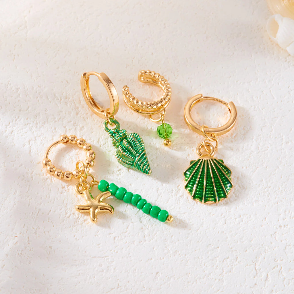 4Pcs Colorful Shell Conch Earrings Set For Women Bohemian Ocean Style Starfish Pendant Beaded Ear Bone Clip Girls Beach Jewelry