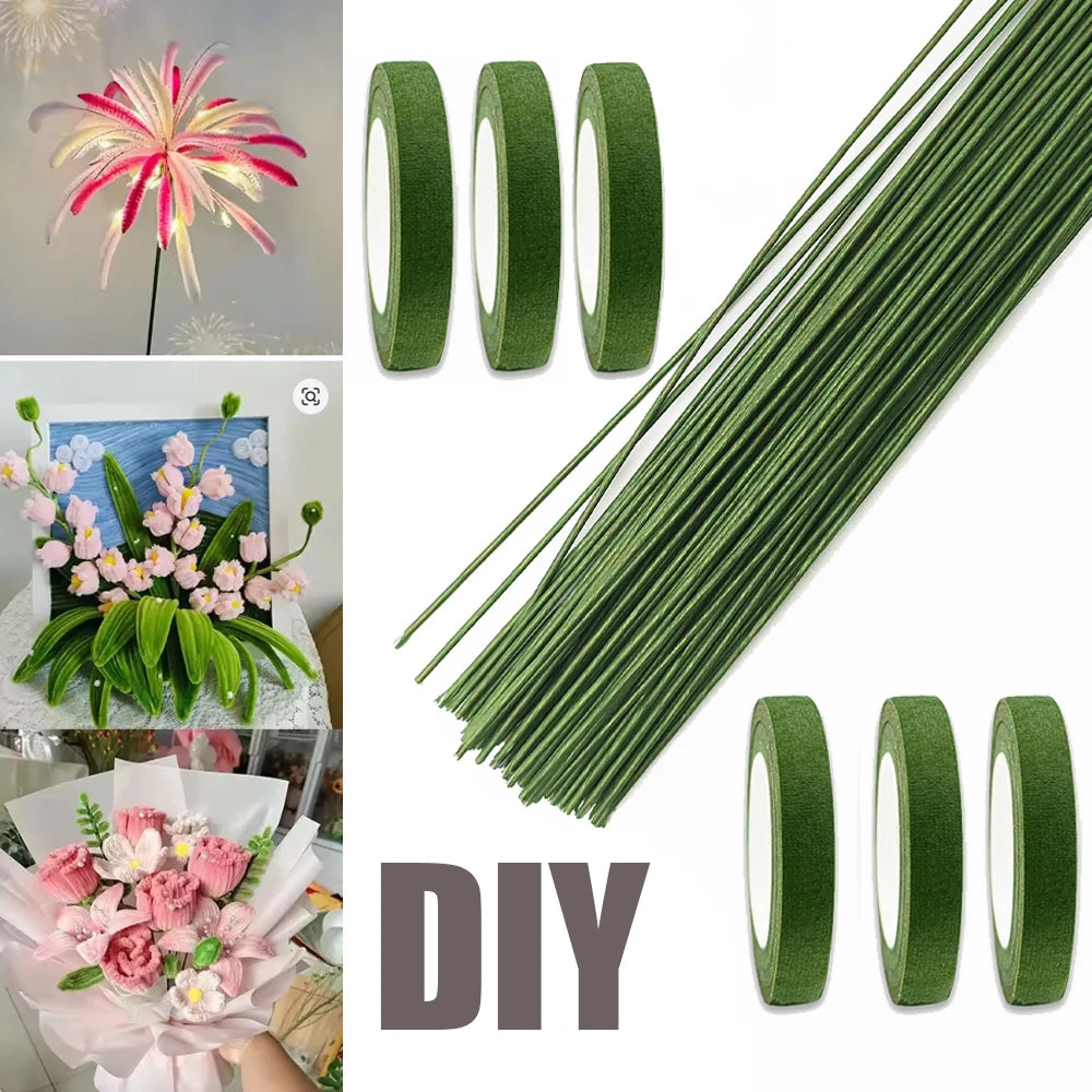 Green Flower Stem Sticks DIY Floral Material Handmade Wire Stems Floriculture Tape Self-adhesive Bouquet Floral Stem Paper Tapes