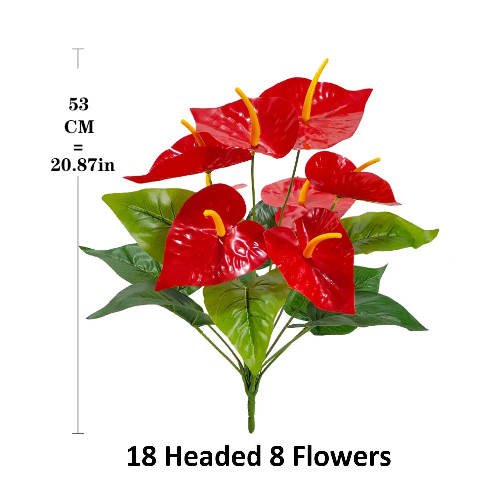 12-Headed Red Palm Artificial Flowers Flamingo Flower with Lush Green Leaves Fake Plants for Room Home Garden Outdoor Decoration